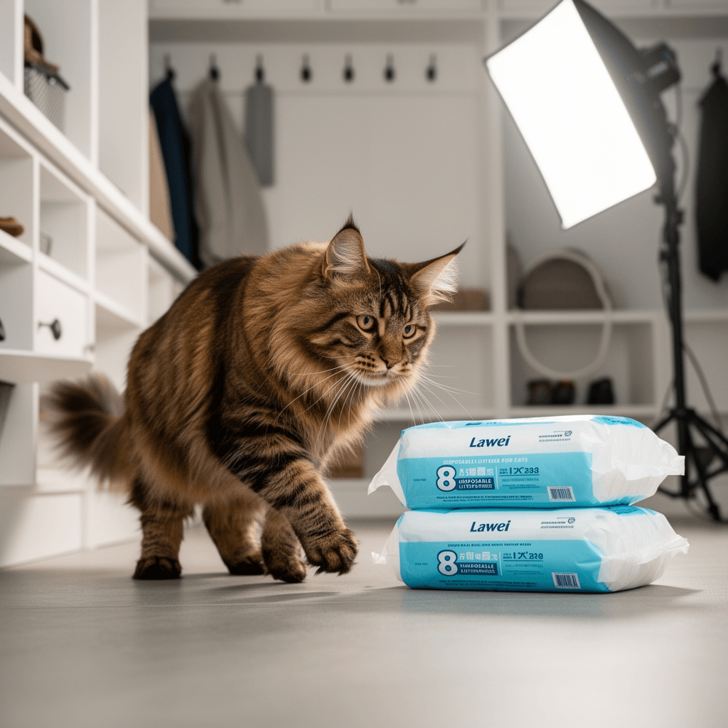 Lawei 8 Pack Disposable Litter Boxes for Cats with cat - professional product lifestyle photo