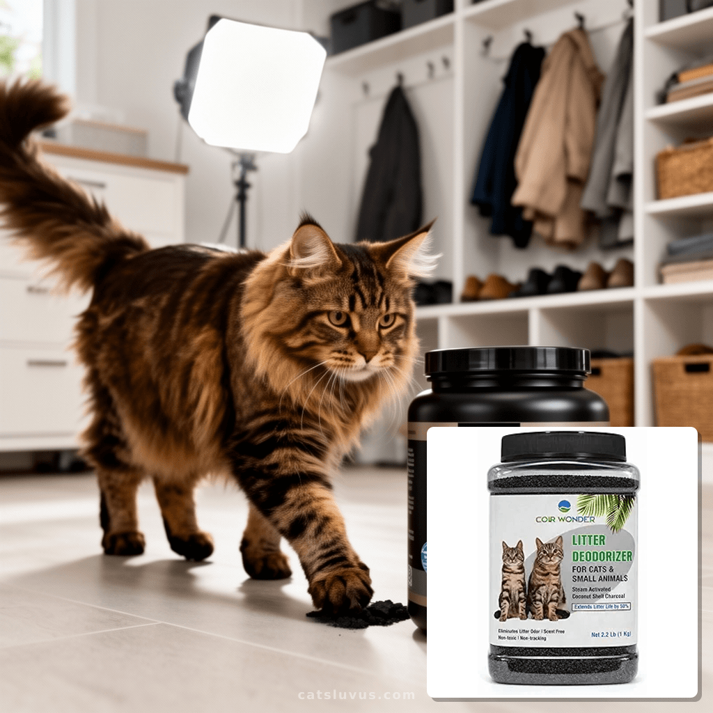 Cat Litter Deodorizer – 2.2 Lb Activated Charcoal Carbon – with cat - professional product lifestyle photo