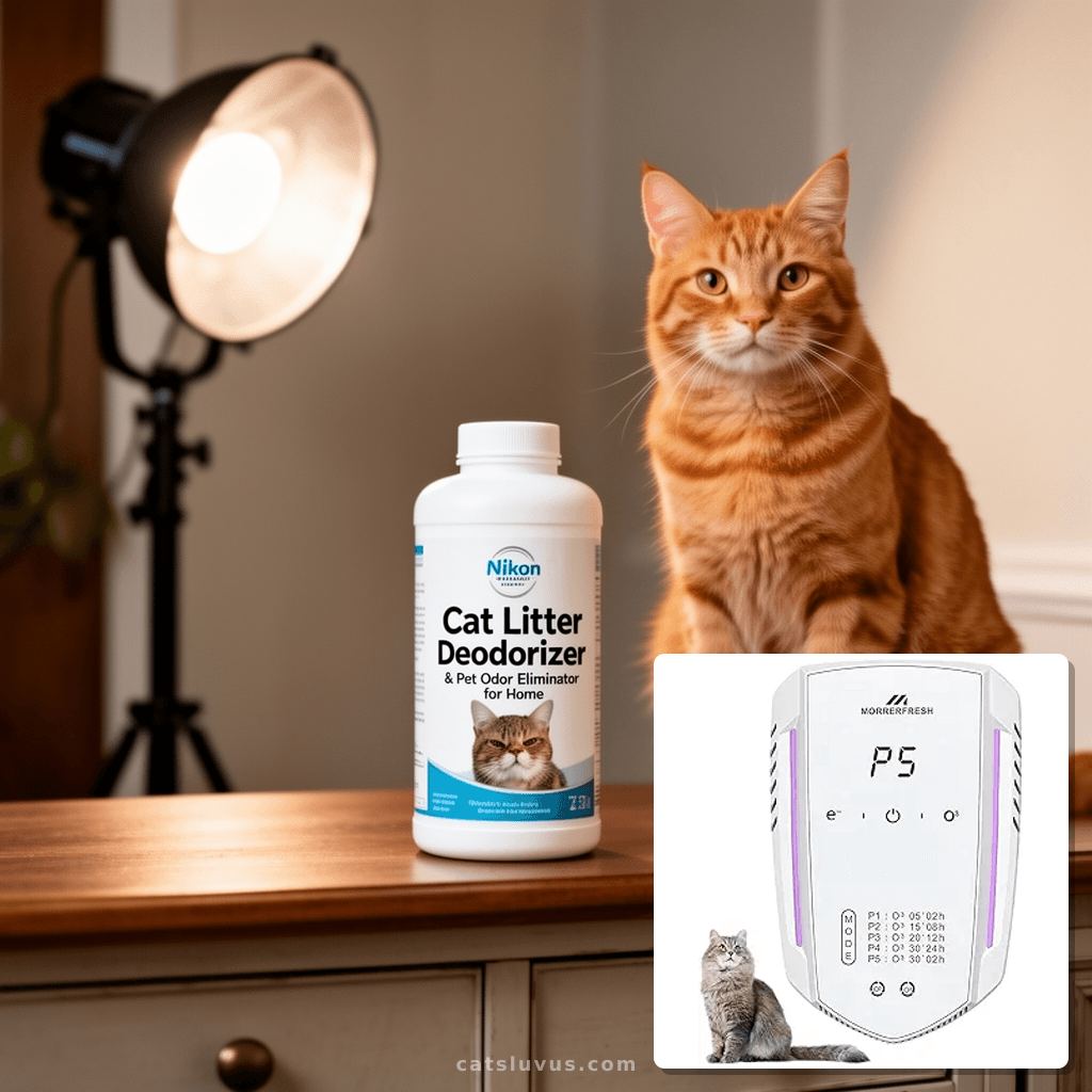 Cat Litter Deodorizer & Pet Odor Eliminator for Home with cat - professional product lifestyle photo