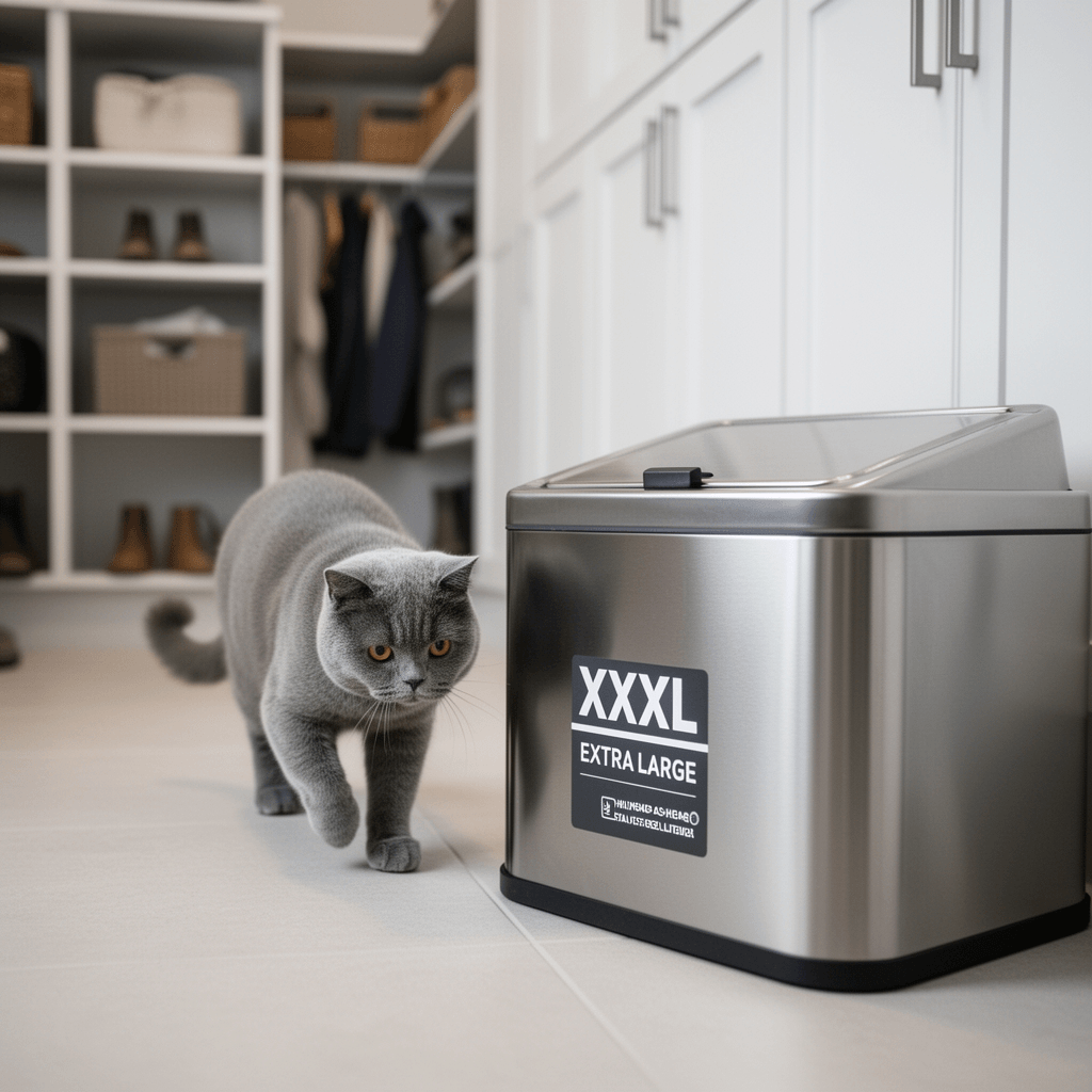 XXXL Extra Large Stainless Steel Litter Box with Lid with cat - professional product lifestyle photo