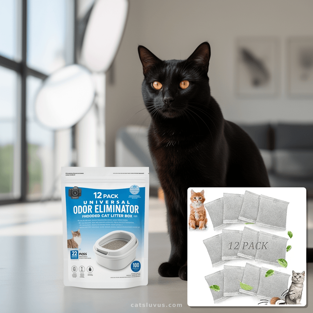 12 Pack Universal Odor Eliminator for Hooded Cat Litter Box with cat - professional product lifestyle photo