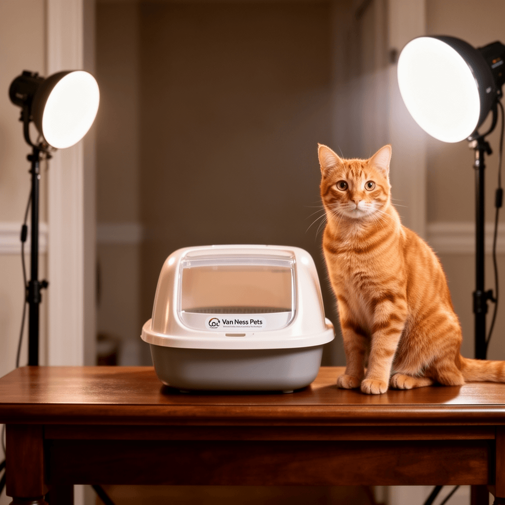 Van Ness Pets Odor Control Large Enclosed Cat Litter Box with cat - professional product lifestyle photo