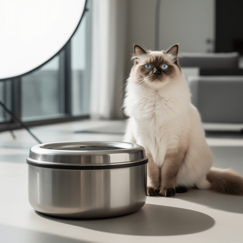 Stainless Steel Litter Box with cat - professional product lifestyle photo