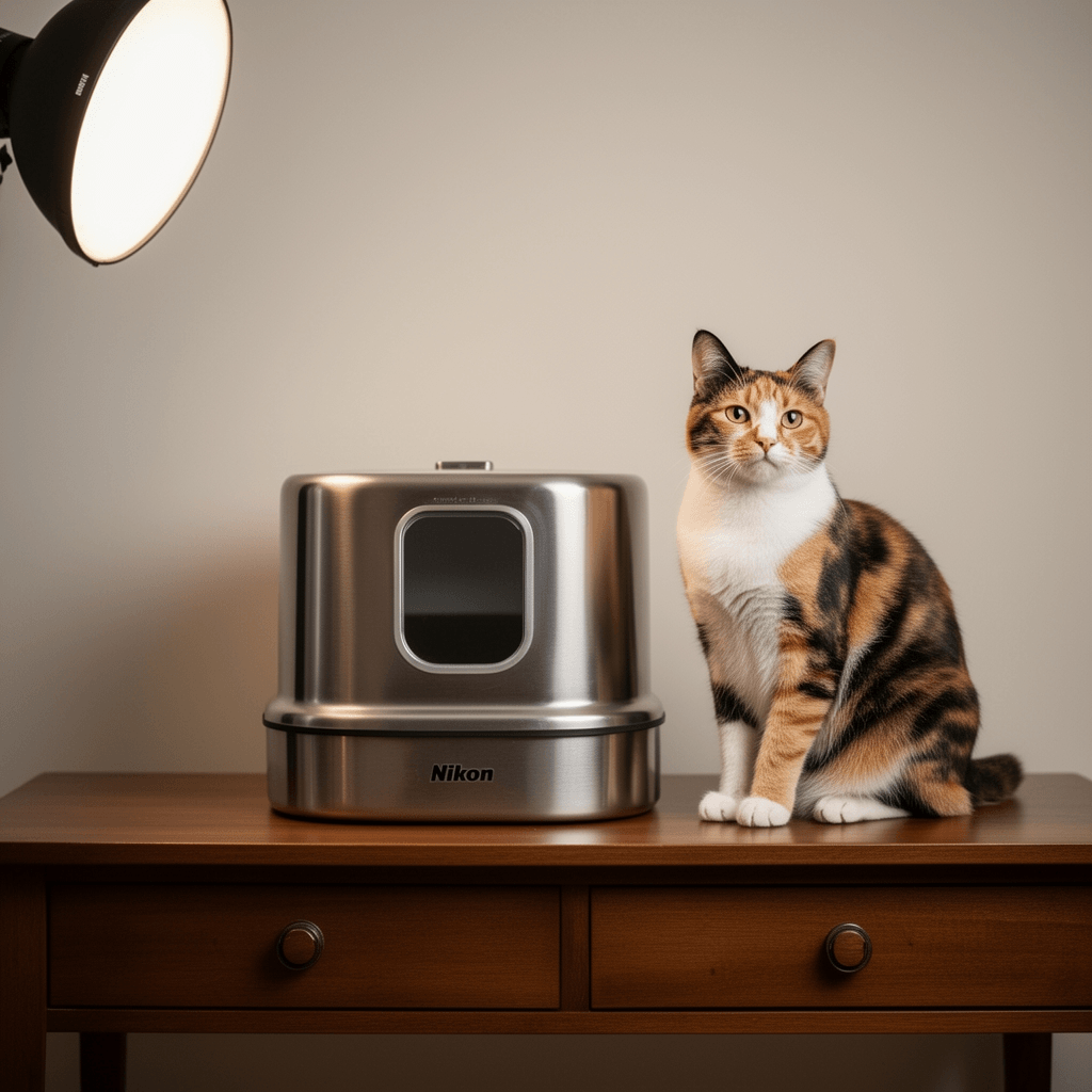Stainless Steel Litter Box | XL Enclosed Cat Litter Boxes with cat - professional product lifestyle photo