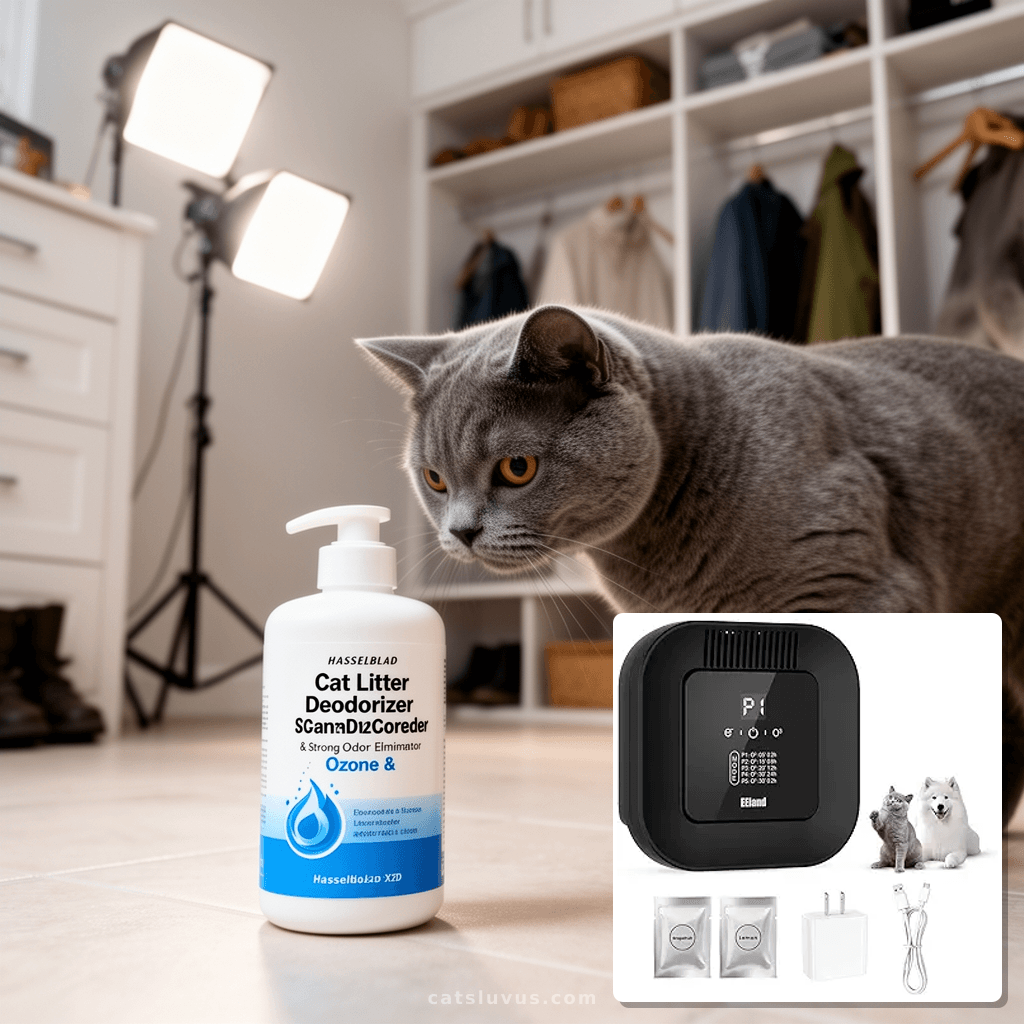 Cat Litter Deodorizer & Strong Odor Eliminator with Ozone & with cat - professional product lifestyle photo