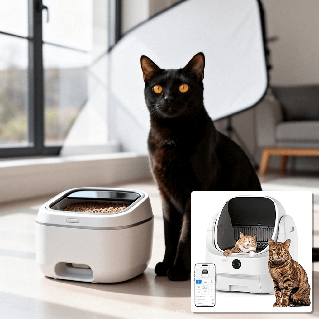 Automatic Cat Litter Box Self Cleaning - APP Control - with cat - professional product lifestyle photo