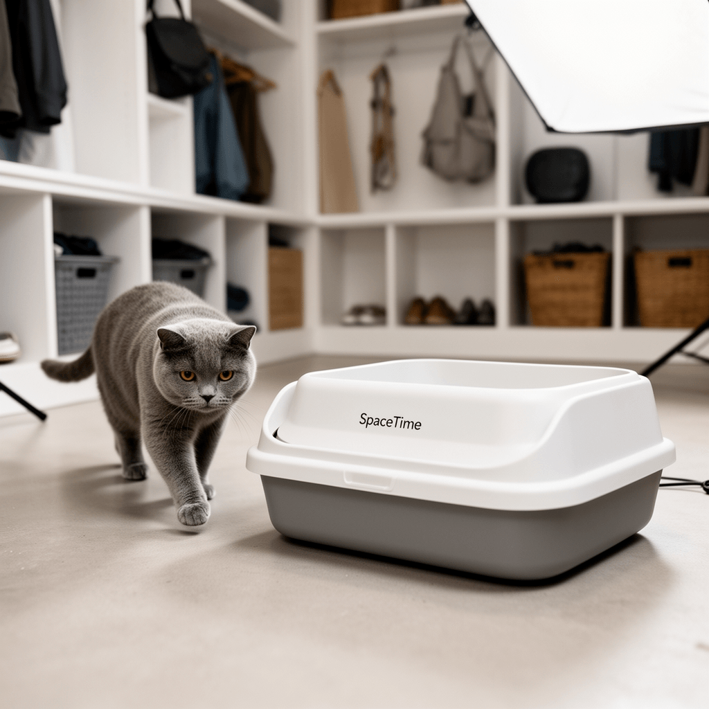 SpaceTime Large Cat Litter Box with High Sides with cat - professional product lifestyle photo