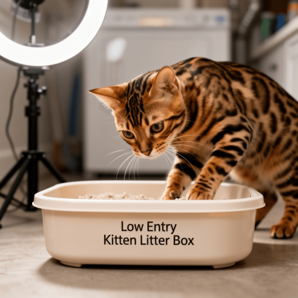 Low Entry Kitten Litter Box with cat - professional product lifestyle photo