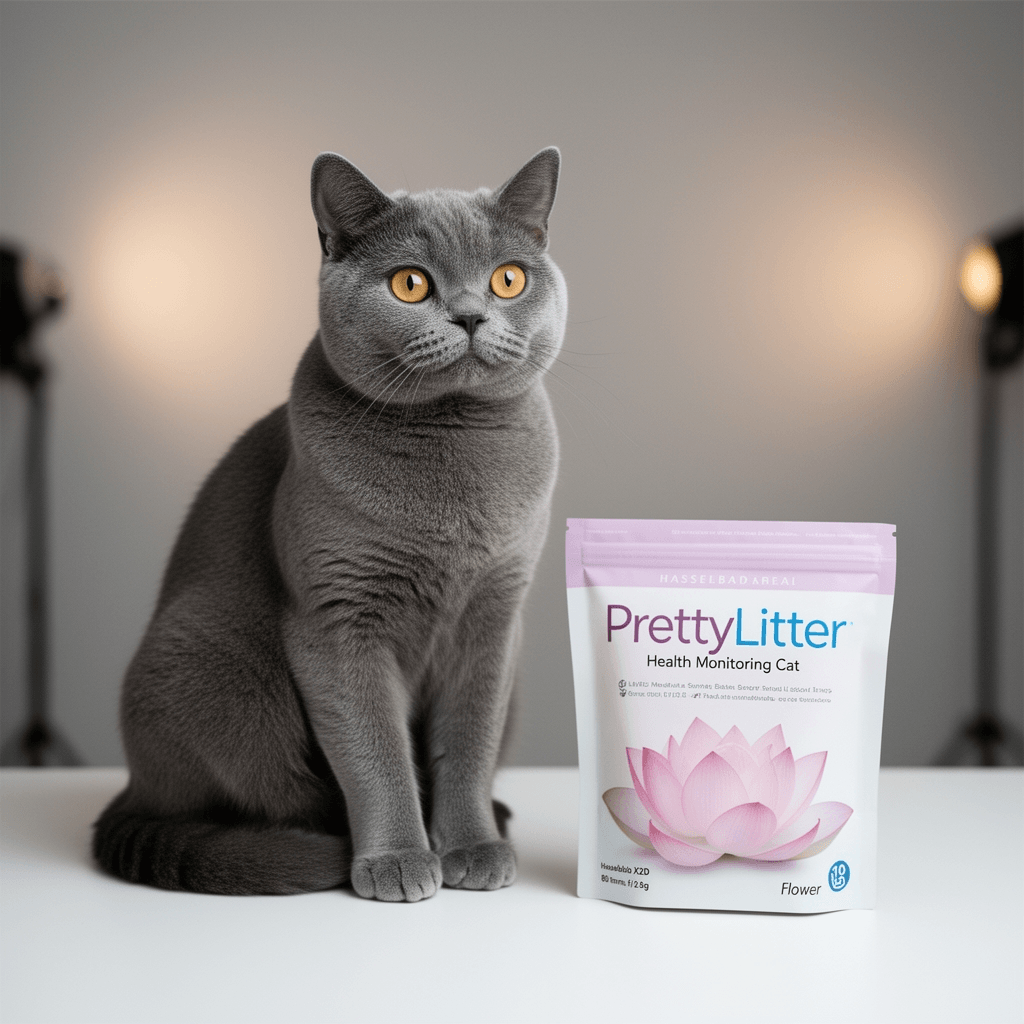 PrettyLitter Health Monitoring Cat Litter (Lotus Flower with cat - professional product lifestyle photo