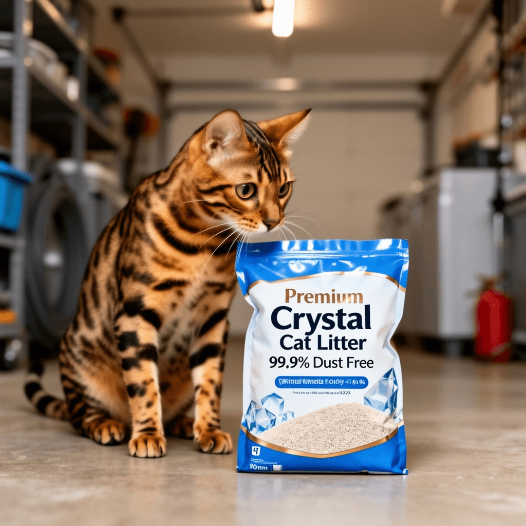 Premium Crystal Cat Litter – 99.9% Dust Free with cat - professional product lifestyle photo
