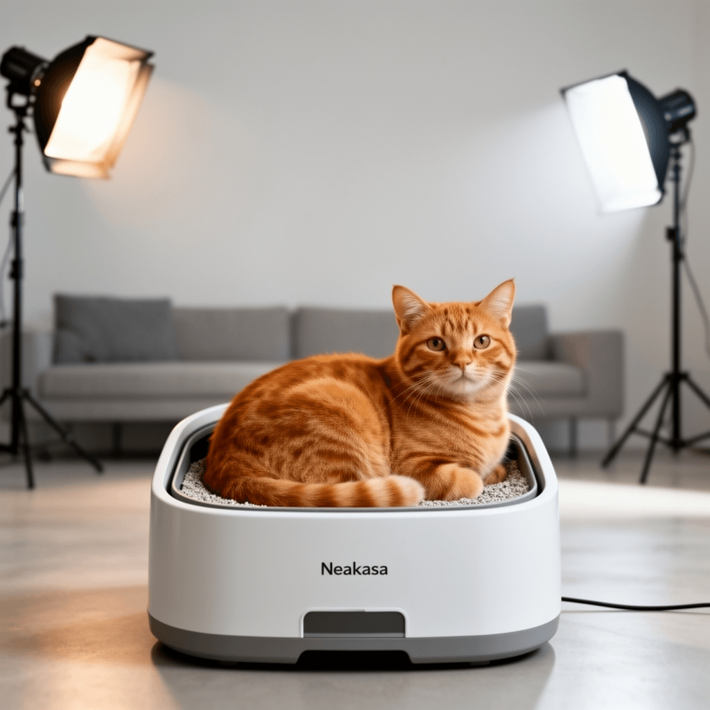 Neakasa M1 Plus Bundle Self-Cleaning Automatic Cat Litter with cat - professional product lifestyle photo