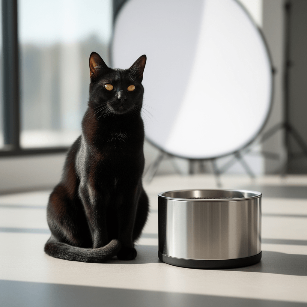 Stainless Steel Cat Litter Box with cat - professional product lifestyle photo