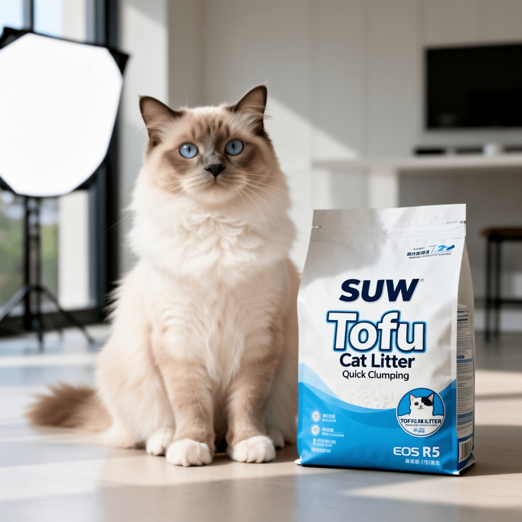 SUW Tofu Cat Litter Quick Clumping with cat - professional product lifestyle photo