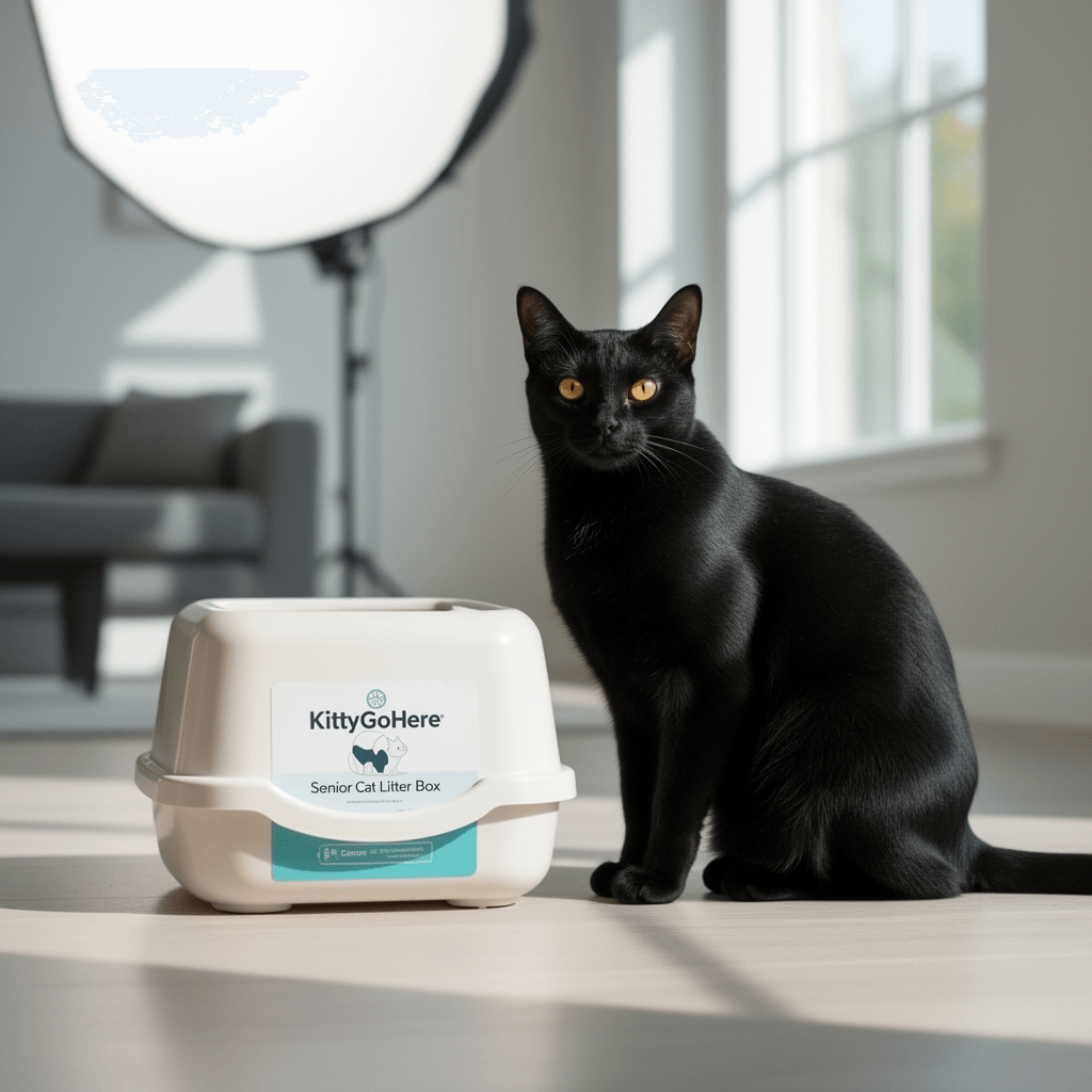 KittyGoHere Senior Cat Litter Box with cat - professional product lifestyle photo