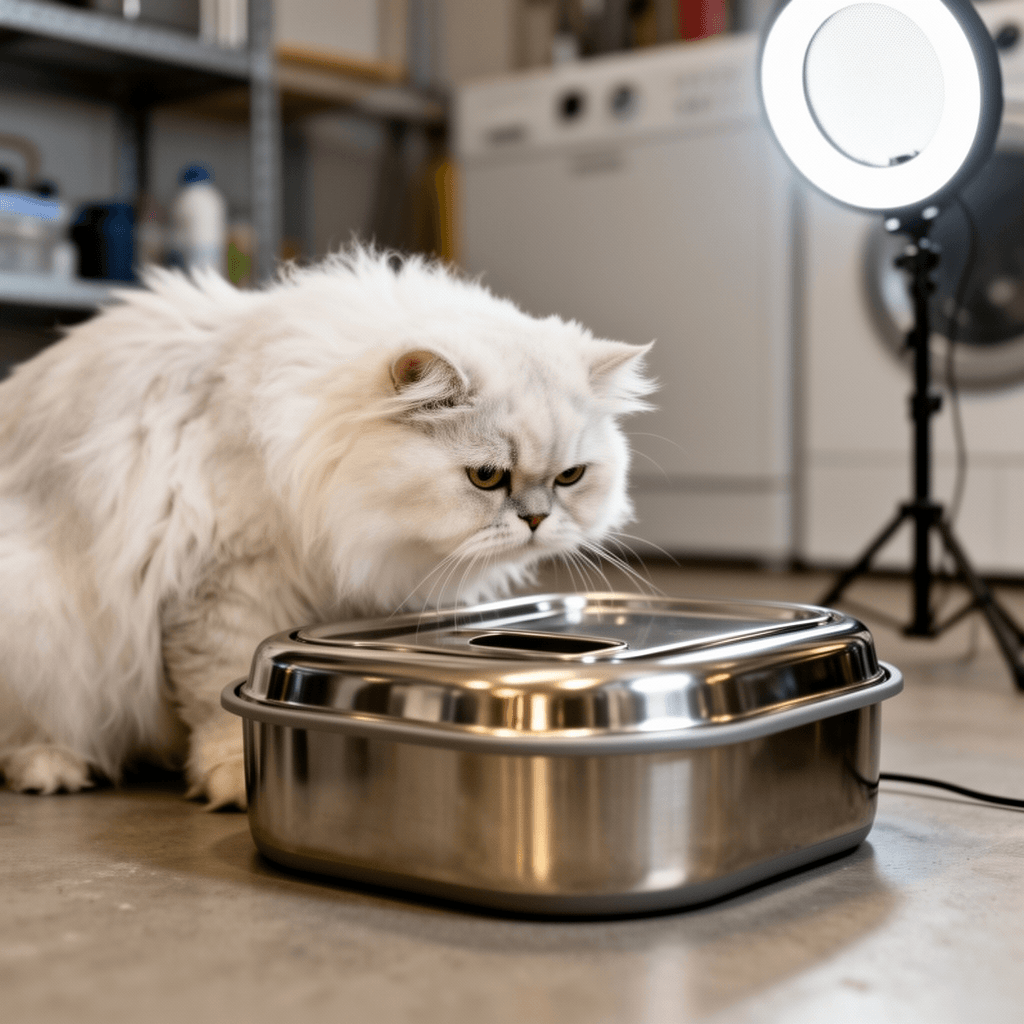 XXXL Stainless Steel Litter Box with Lid with cat - professional product lifestyle photo