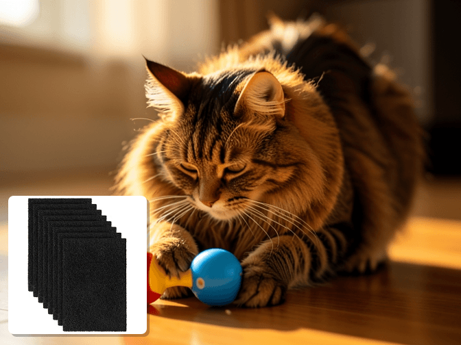 Cat owner reviewing litter box carbon filter replacement packs options for their pet in 2026