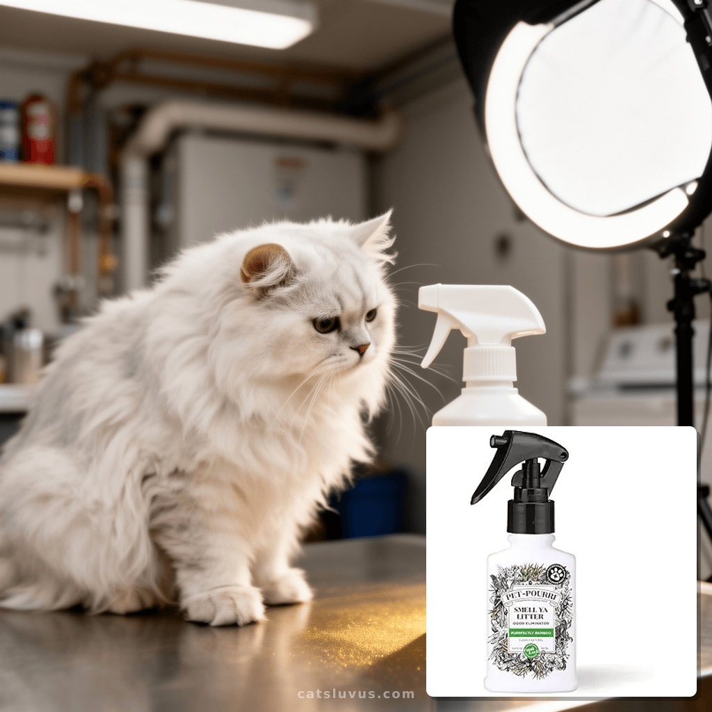 Pet-Pourri Smell Ya Litter Cat Litter Deodorizer Spray with cat - professional product lifestyle photo
