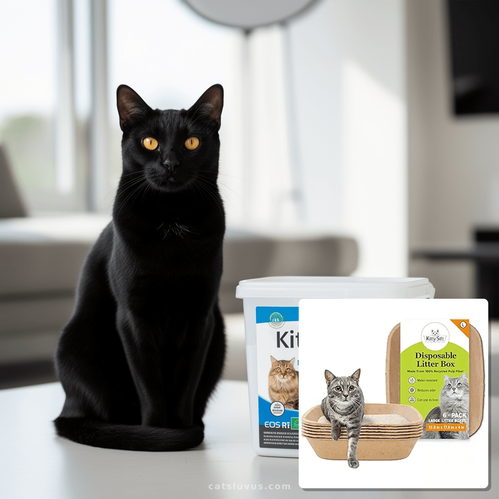 Kitty Sift Disposable Cat Litter Box Large with cat - professional product lifestyle photo