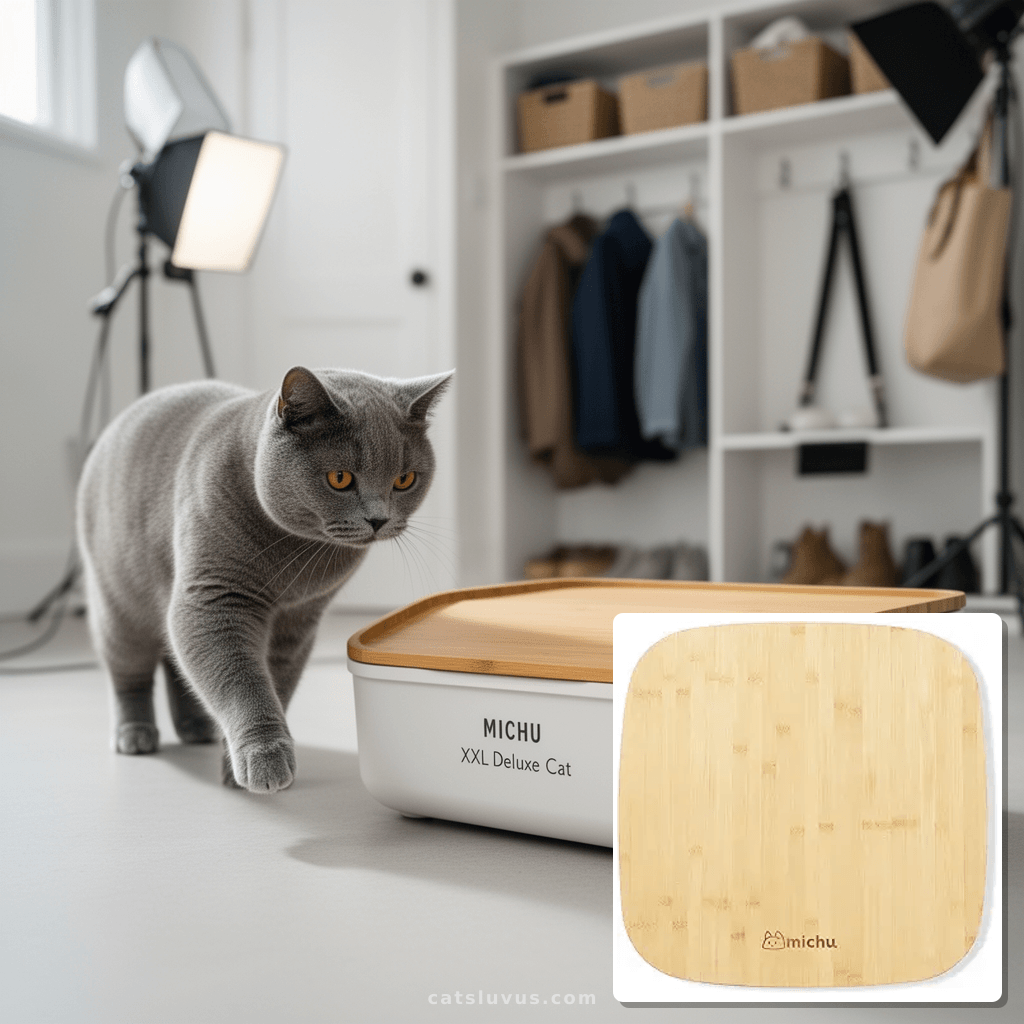 Michu XXL Deluxe Cat Litter Box Bamboo Lid with cat - professional product lifestyle photo