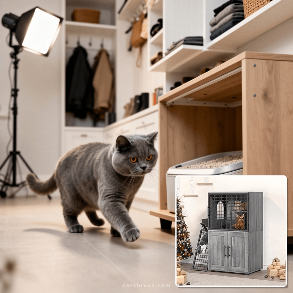 Cat Litter Box Enclosure Furniture with Double Layer Design with cat - professional product lifestyle photo