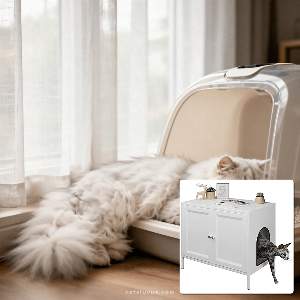 Cat Litter Box Enclosure with cat - professional product lifestyle photo