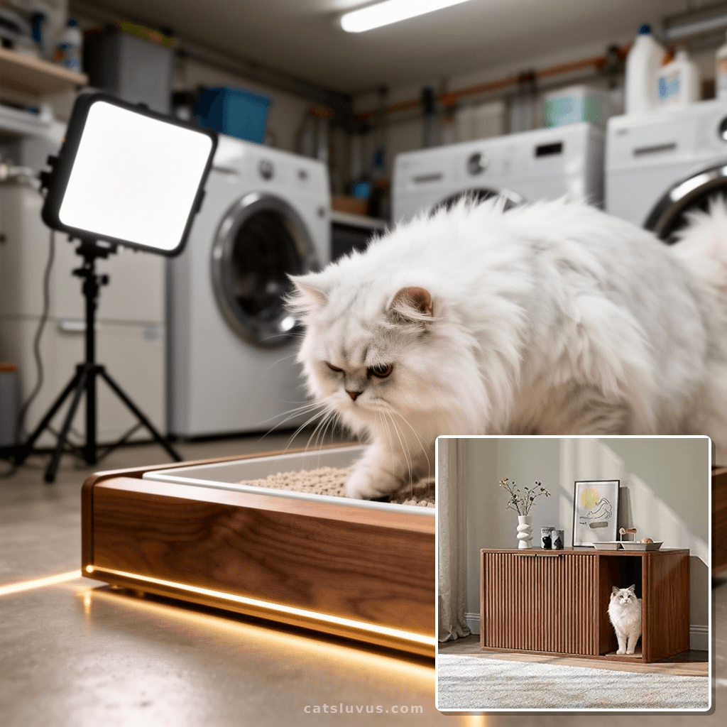 Evermagin 35.4" Walnut Cat Litter Box Enclosure Furniture wi with cat - professional product lifestyle photo