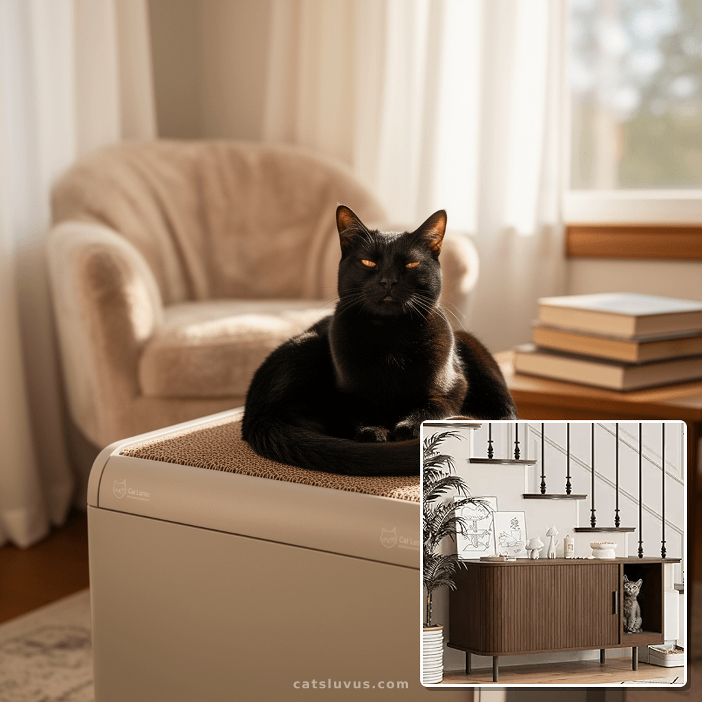 Cat Litter Box Enclosure with Cat Scratch Pad with cat - professional product lifestyle photo