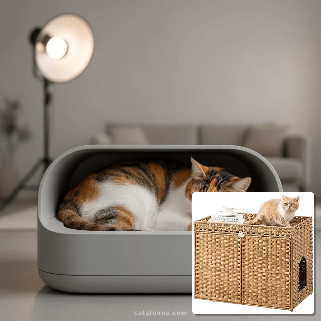 Cat Litter Box Enclosure Furniture with cat - professional product lifestyle photo