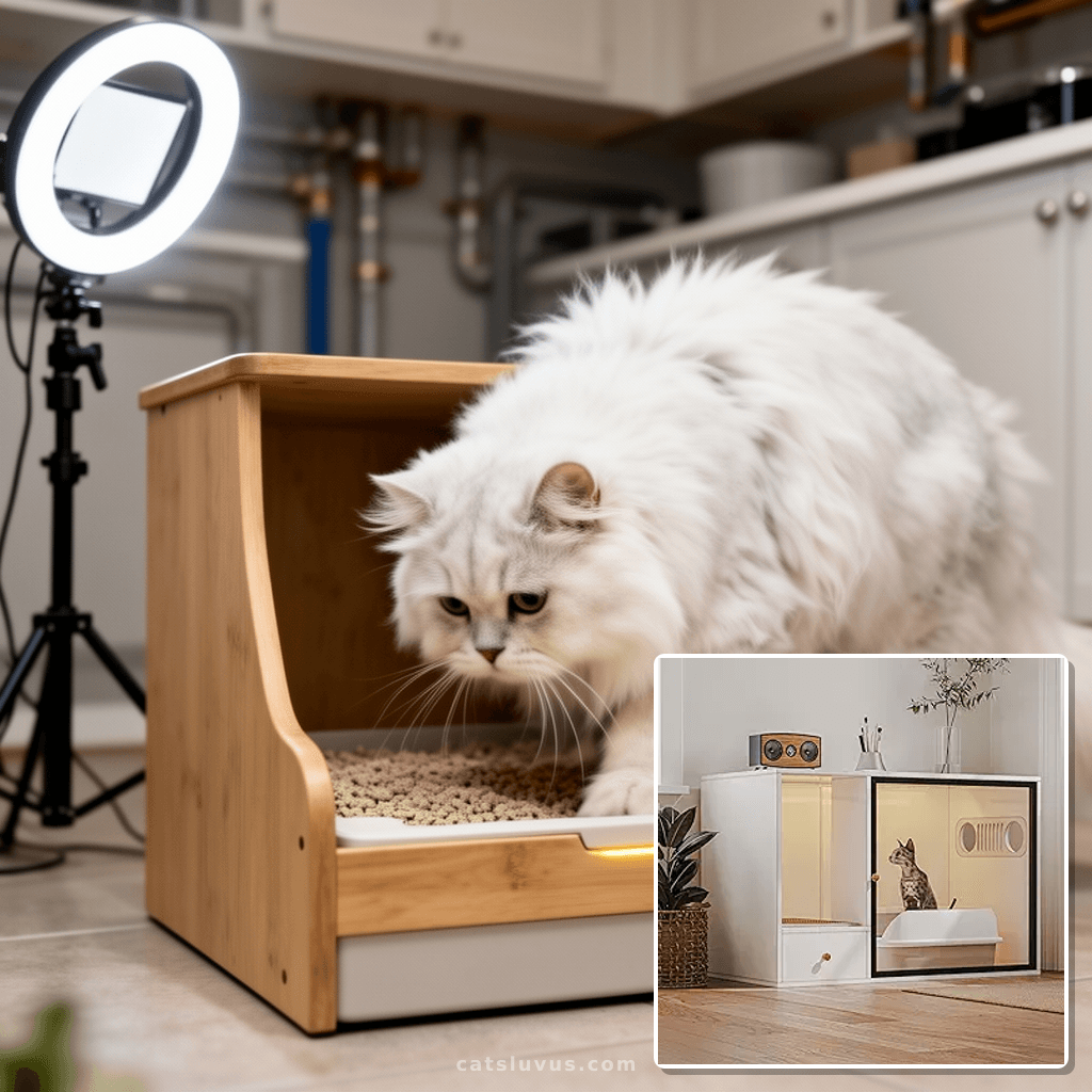 Cat Litter Box Enclosure Furniture Style with cat - professional product lifestyle photo