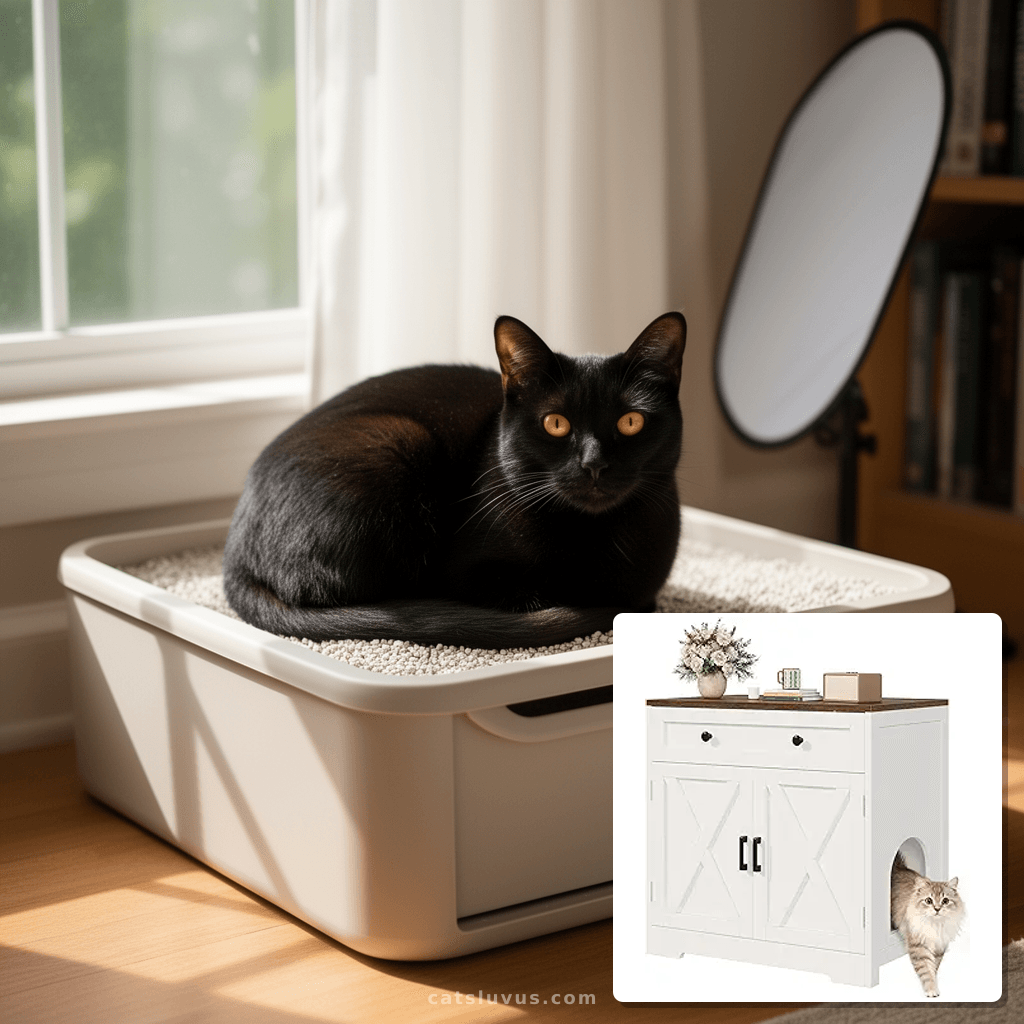 Cat Litter Box Enclosure with Storage Drawers with cat - professional product lifestyle photo