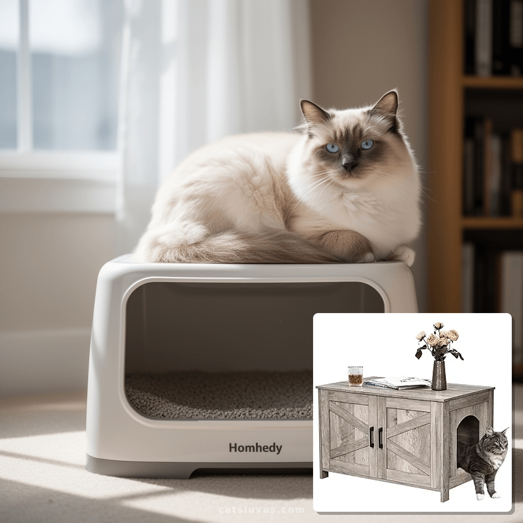 Homhedy Cat Litter Box Enclosure with cat - professional product lifestyle photo