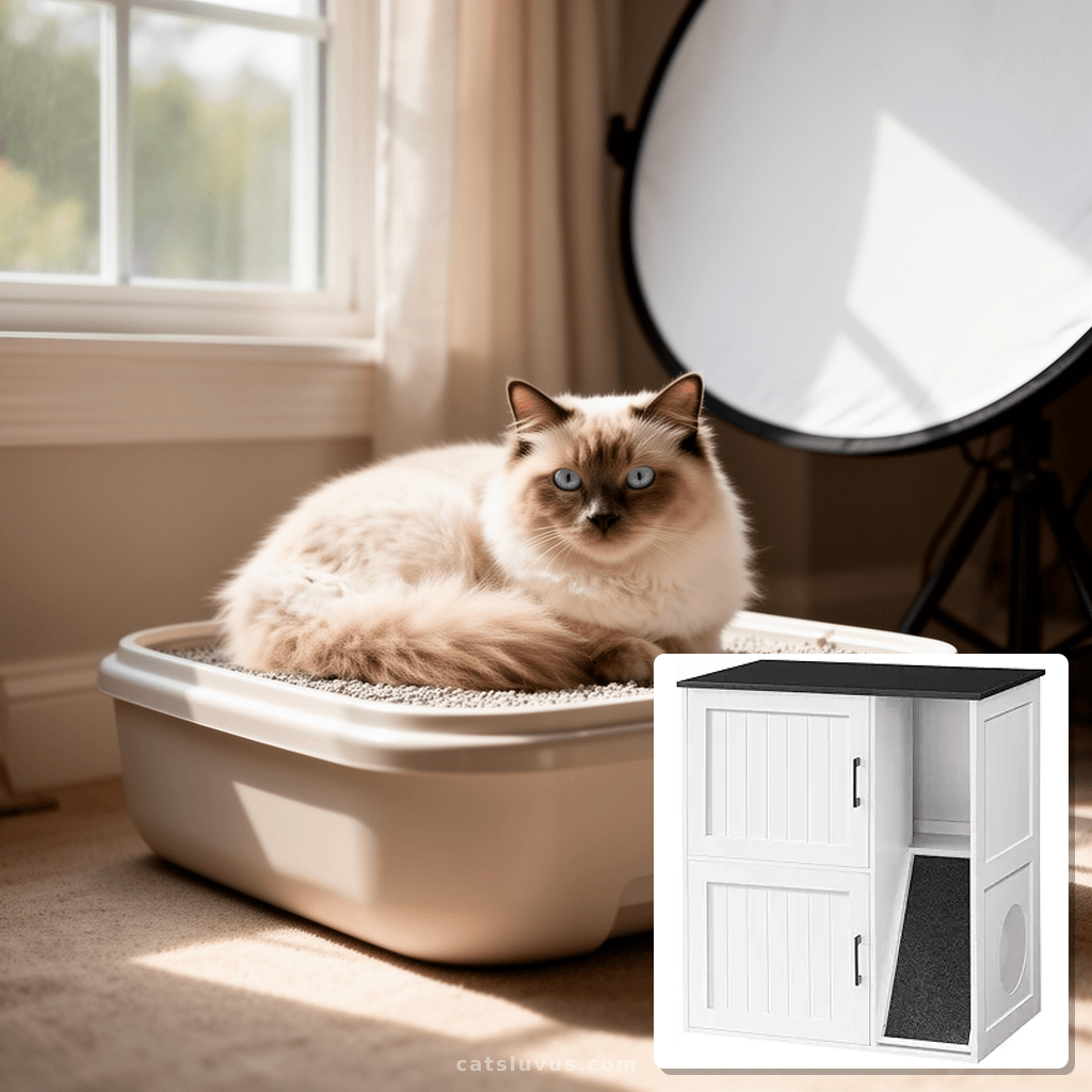 Litter Box Enclosure for 2 Cats with cat - professional product lifestyle photo