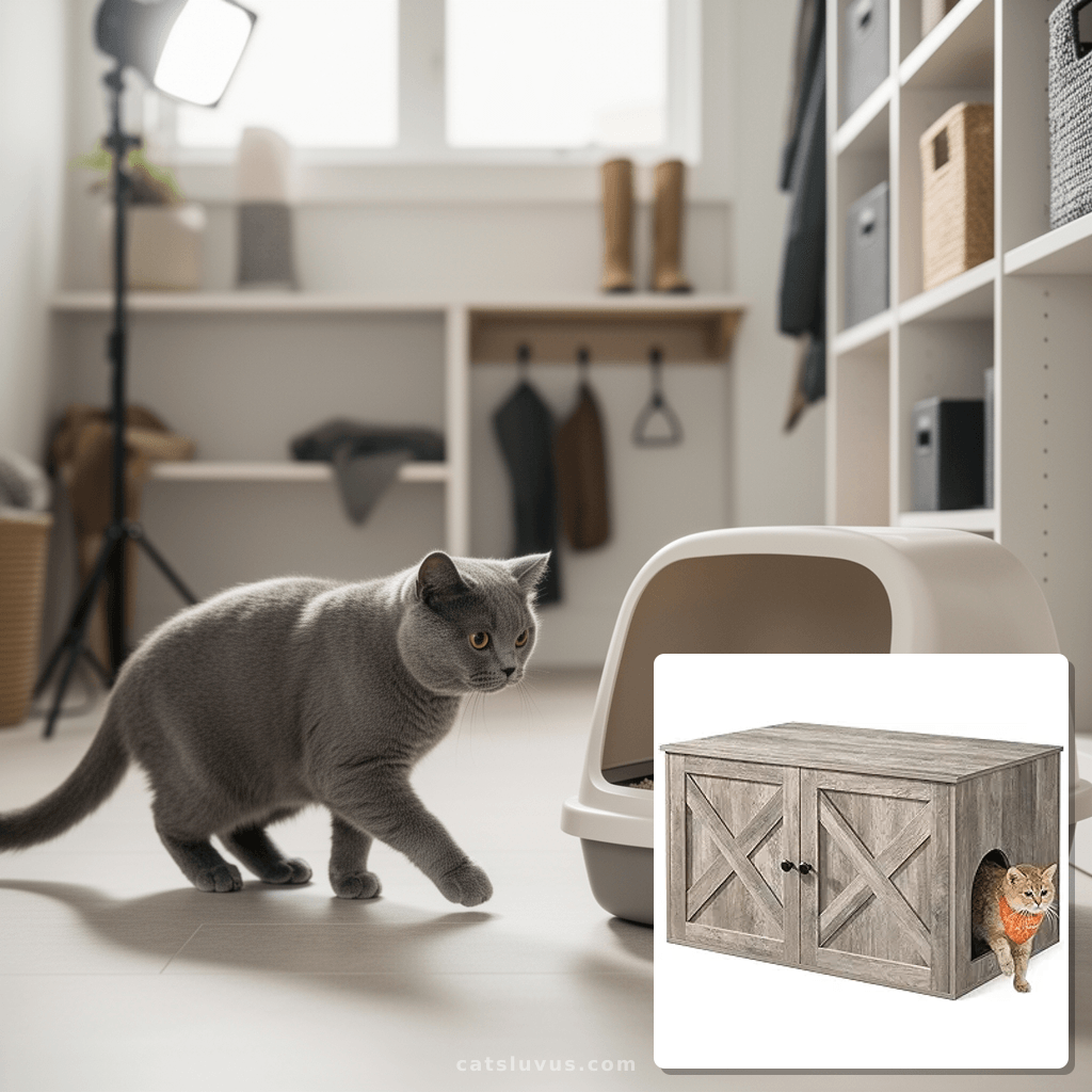 Feandrea Cat Litter Box Enclosure with cat - professional product lifestyle photo