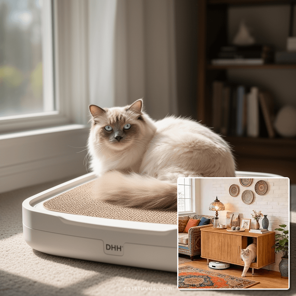 DHH Cat Litter Box Enclosure with Scratch Pad with cat - professional product lifestyle photo