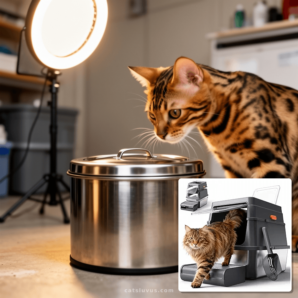 Cat Litter Box - Stainless Steel Litter Box with Lid for Kit with cat - professional product lifestyle photo