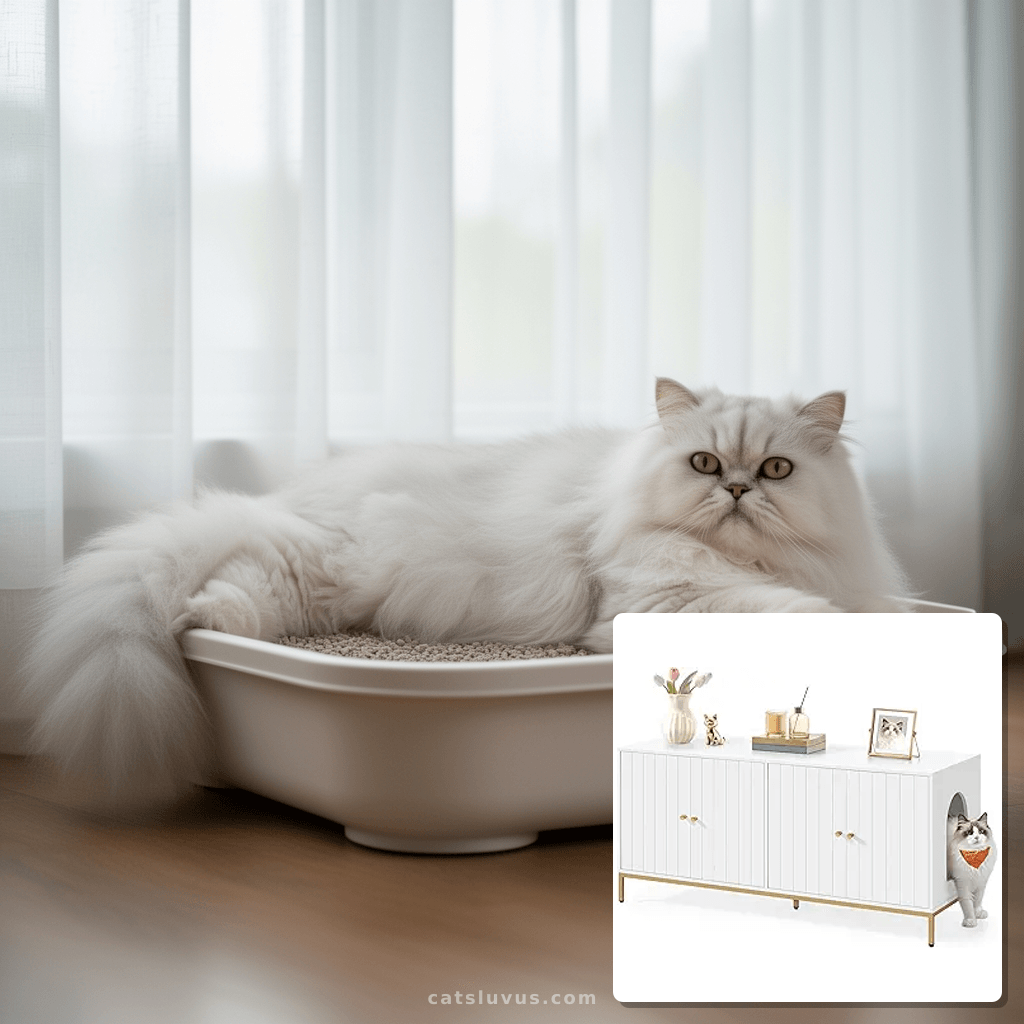 Feandrea Double Cat Litter Box Enclosure with cat - professional product lifestyle photo