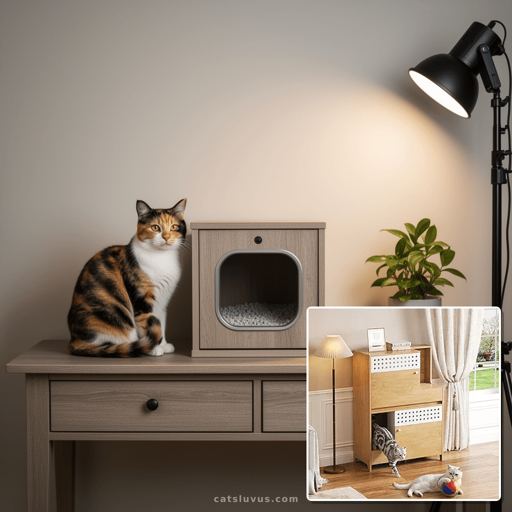 Cat Litter Box Enclosure Furniture - Hidden Litter Box Cabin with cat - professional product lifestyle photo