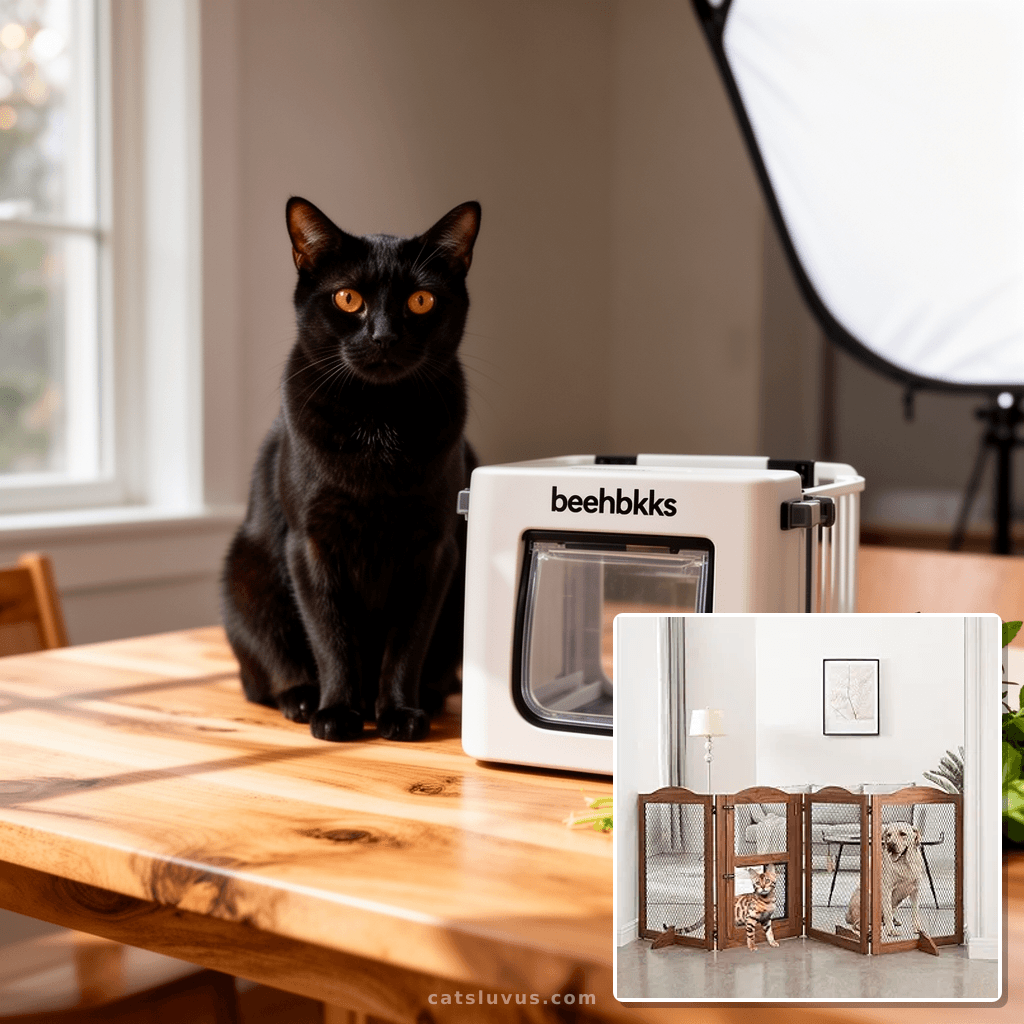 beeNbkks Freestanding Pet Gate with Cat Door with cat - professional product lifestyle photo
