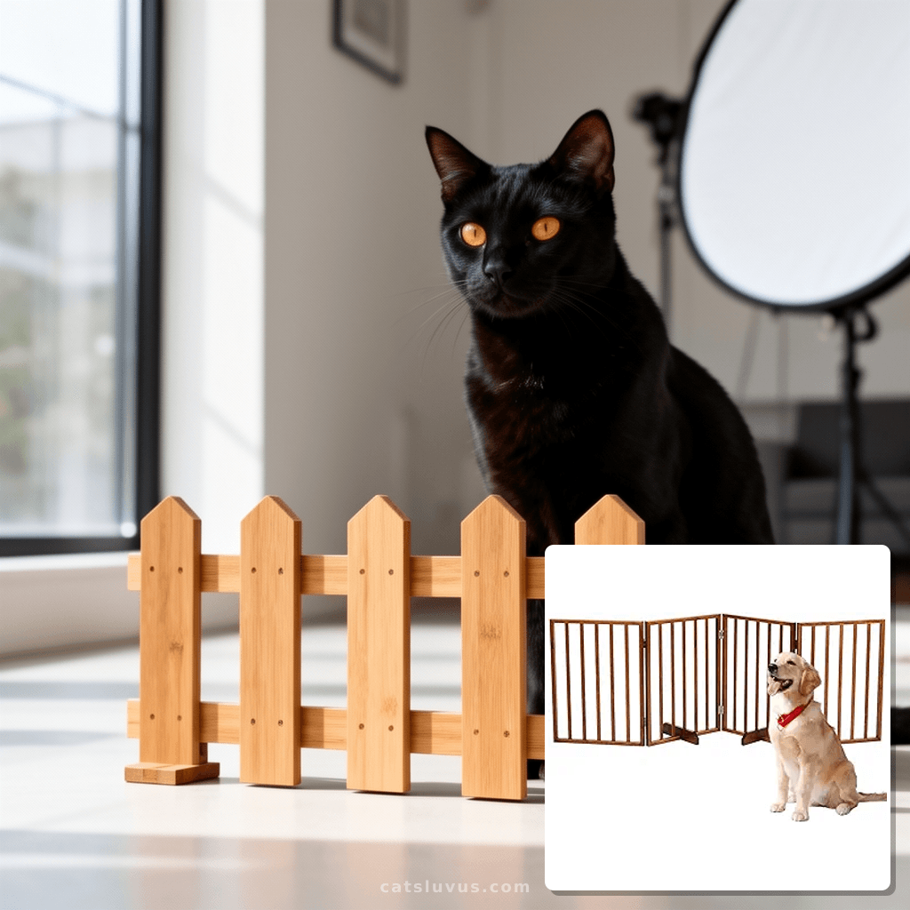 4 Panels Wooden Dogs Fence with cat - professional product lifestyle photo