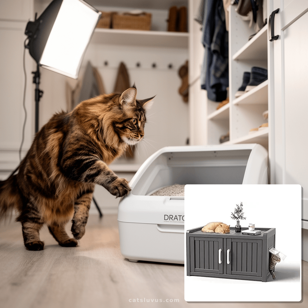 DRATO Litter Box Enclosures with cat - professional product lifestyle photo