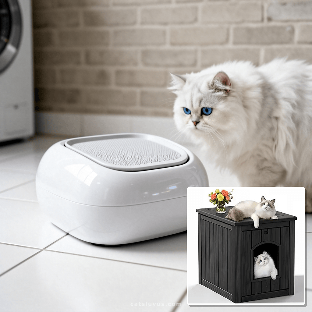 Cat Litter Box Enclosure with cat - professional product lifestyle photo