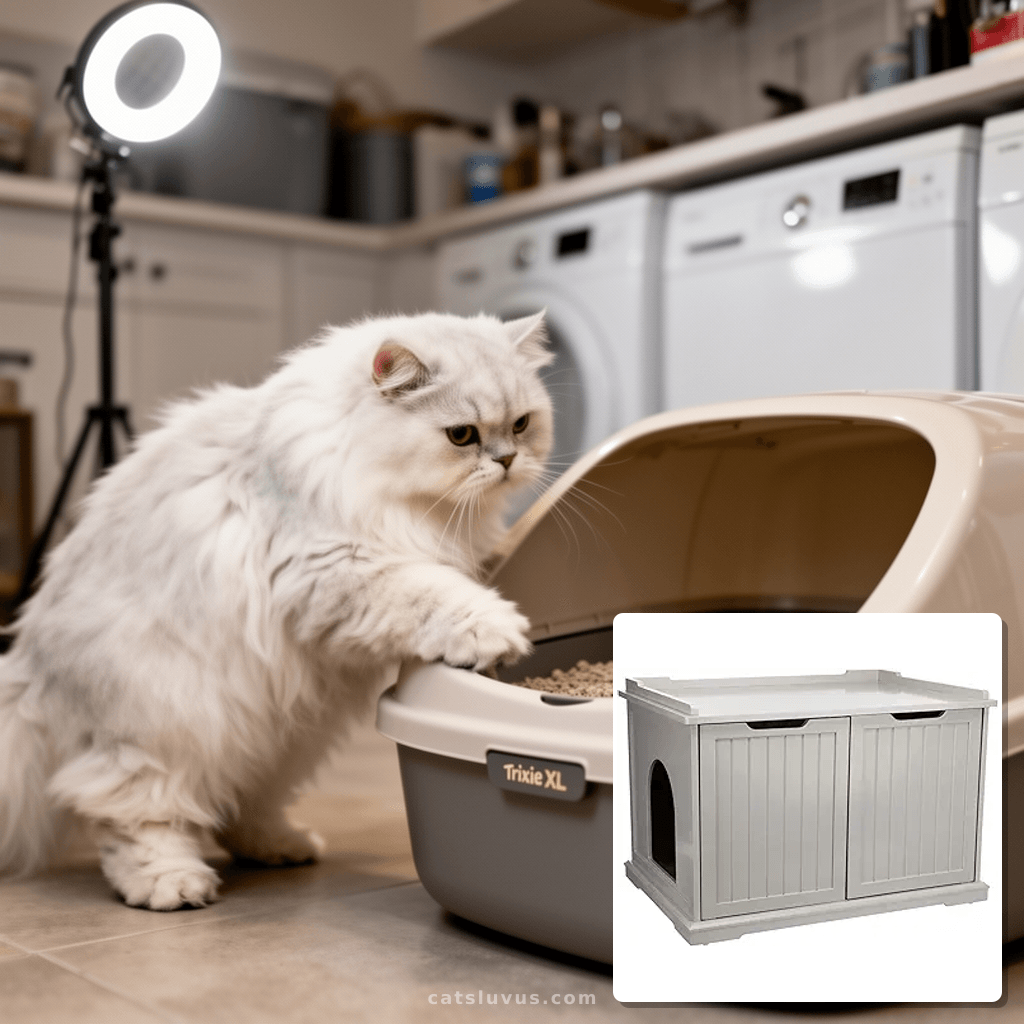 Trixie XL Furniture Litter Box Enclosure with cat - professional product lifestyle photo