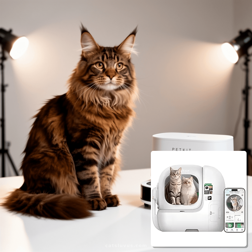 PETKIT 2025 Purobot Max Pro 2 AI-Camera Self Cleaning Cat Li with cat - professional product lifestyle photo
