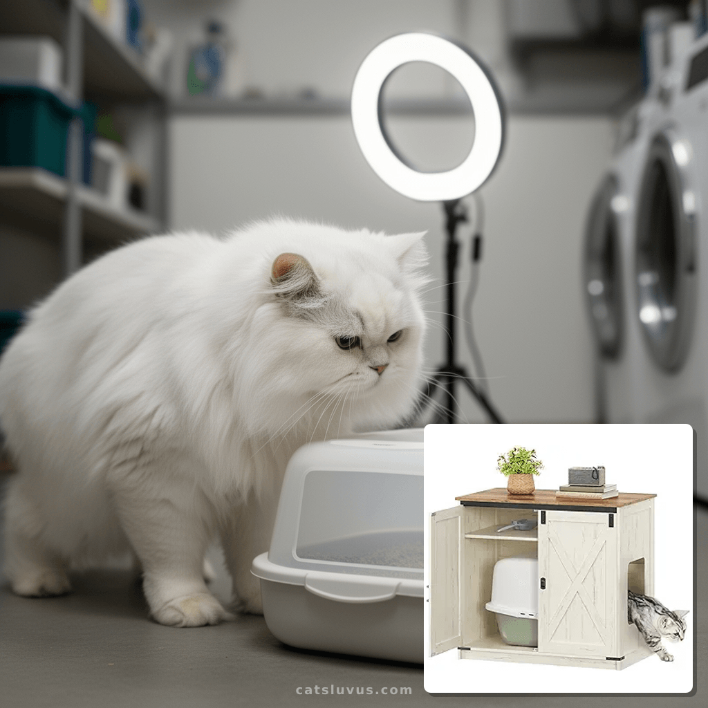 Cat Litter Box Enclosure Enclosed with cat - professional product lifestyle photo