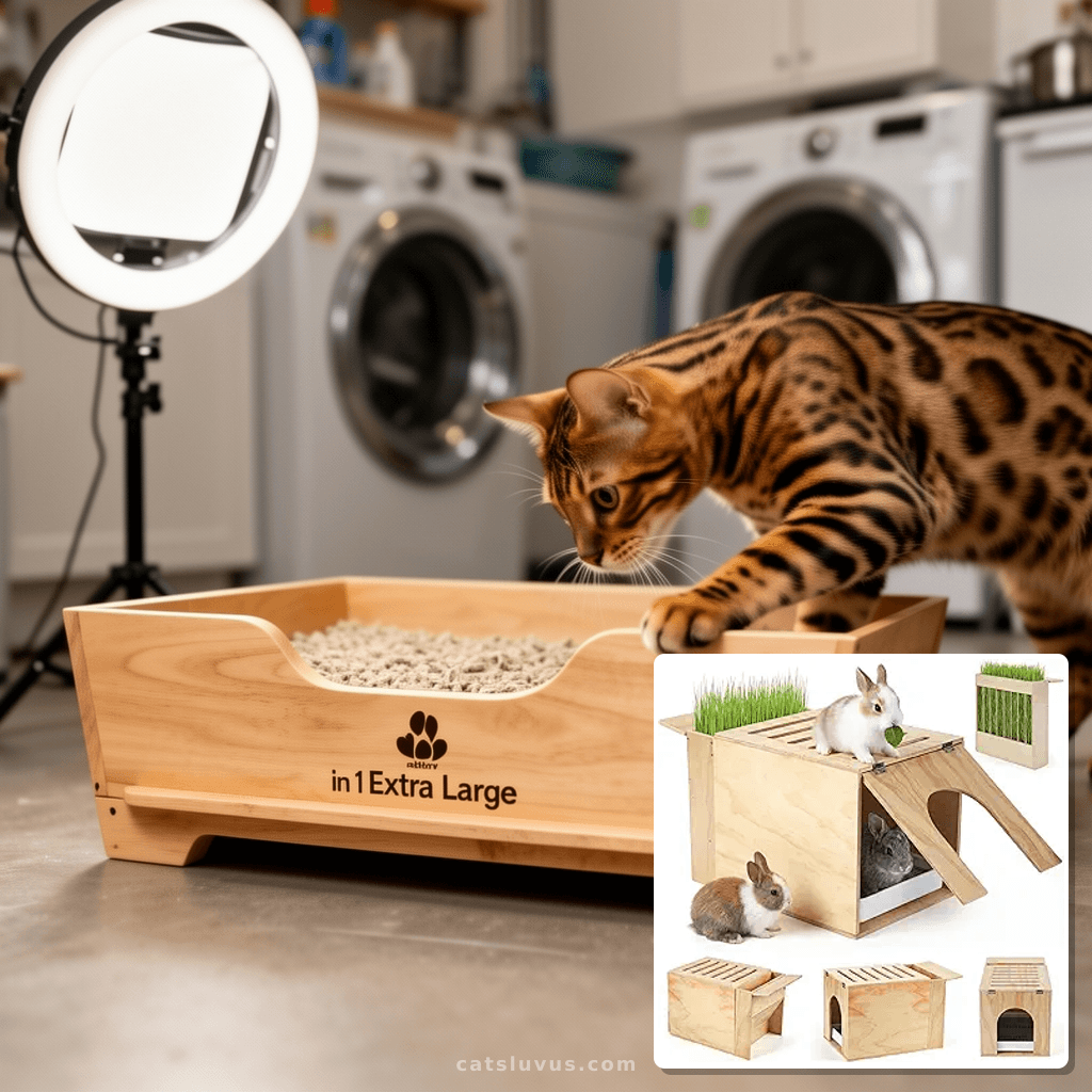 2 in 1 Extra Large 23 x 13.4 Inches Wooden Rabbit Litter Box with cat - professional product lifestyle photo