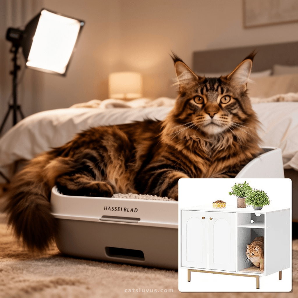 Cat Litter Box Enclosure Enclosed with cat - professional product lifestyle photo