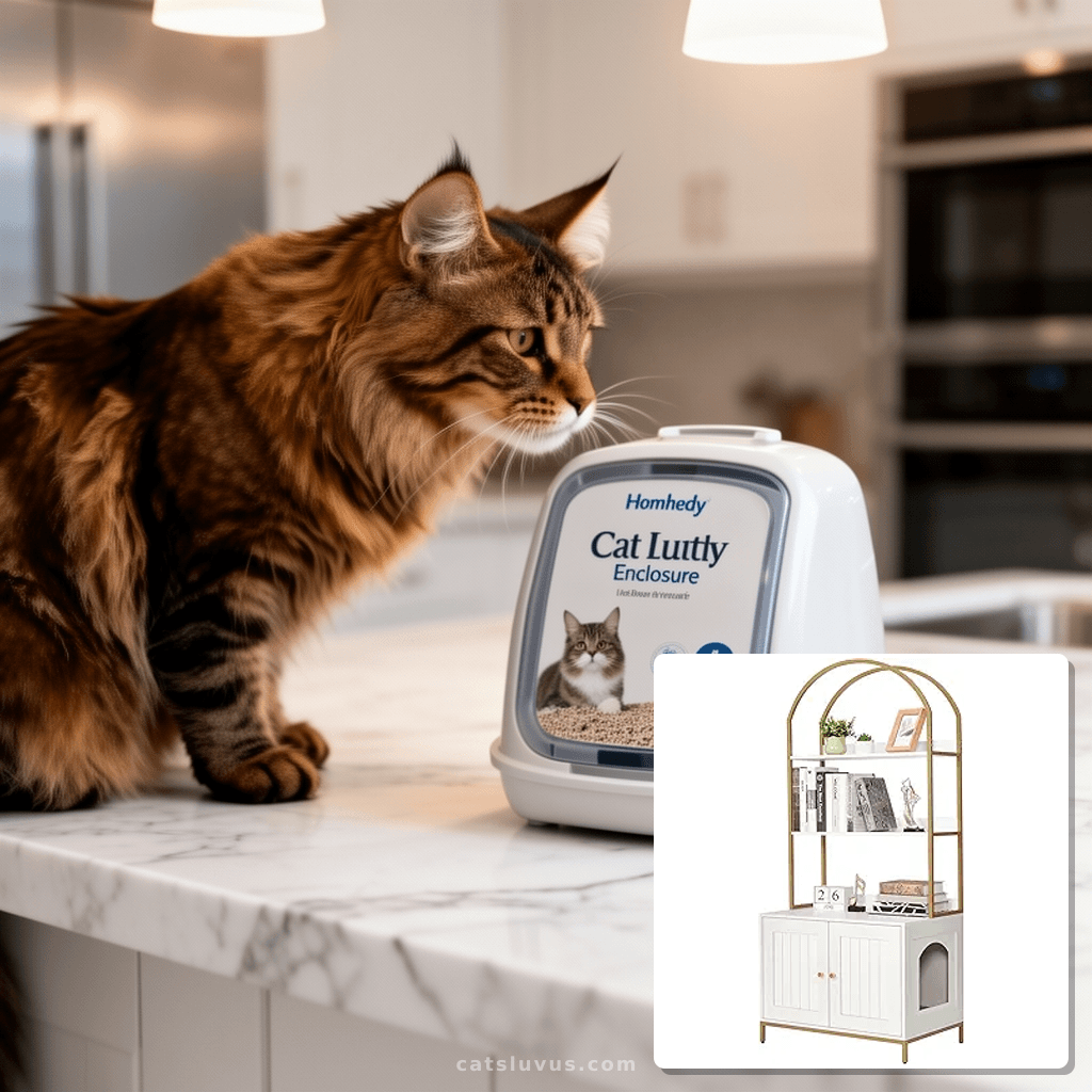 Homhedy Cat Litter Box Enclosure with cat - professional product lifestyle photo