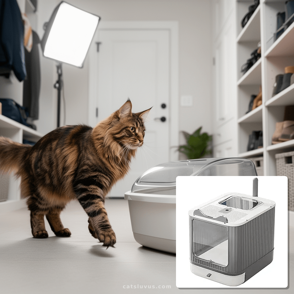 Upgraded Fully Enclosed Cat Litter Box with Lid with cat - professional product lifestyle photo