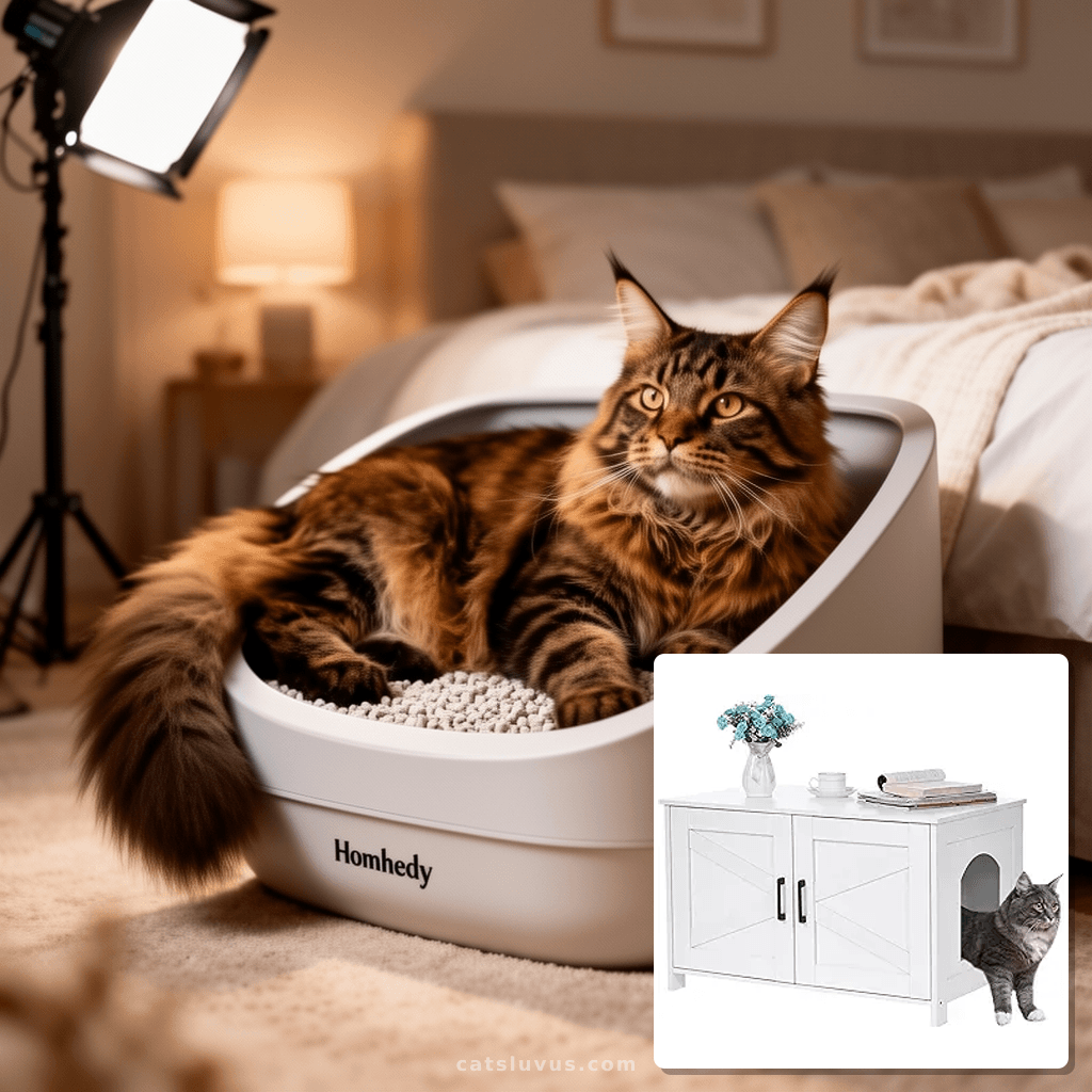 Homhedy Cat Litter Box Enclosure with cat - professional product lifestyle photo