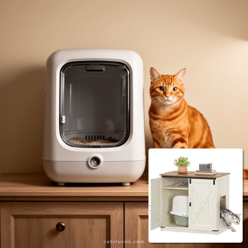 Cat Litter Box Enclosure Enclosed with cat - professional product lifestyle photo